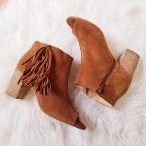 Cognac Peep Toe Suede Ankle Booties with Fringe